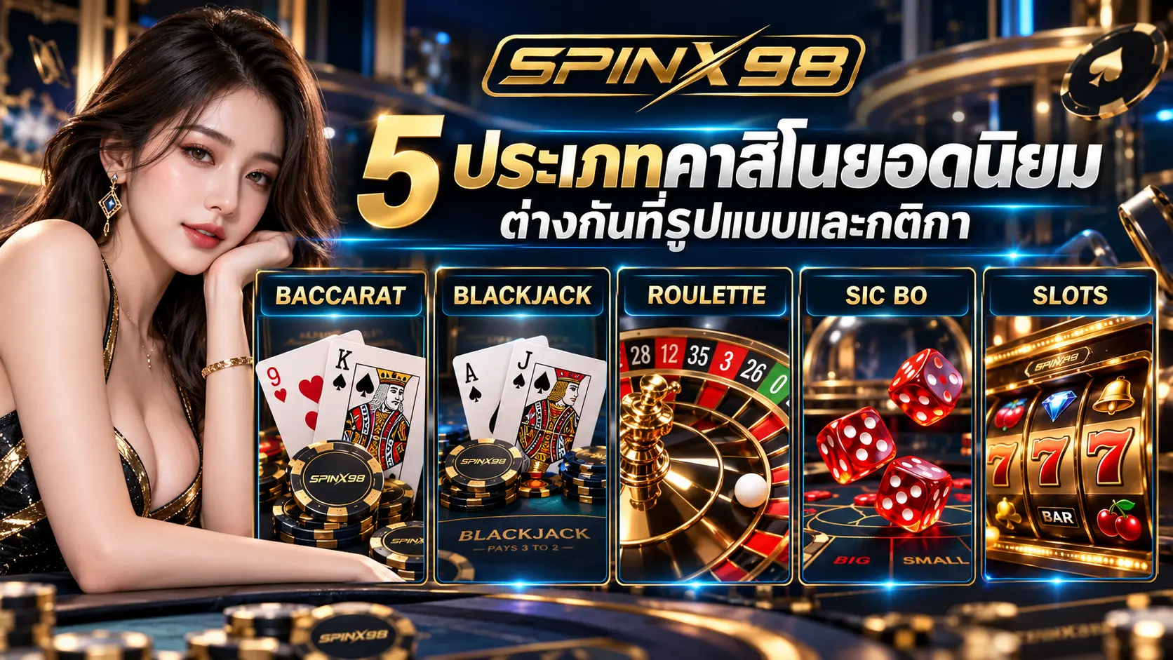 เกมคาสิโนออนไลน์ยอดนิยม 5 ประเภท บาคาร่า แบล็กแจ็ก รูเล็ต ไฮโล และสล็อต